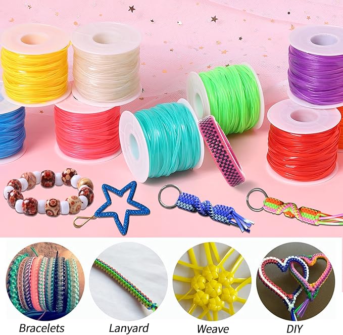 Candygirl 147 Yards Lanyard String Glow in Dark Gimp String Kit Plastic Lacing Cord for Boondoggle Bracelets Keychains DIY Crafts Weaving Kit（9 Rolls, 442 Feet）