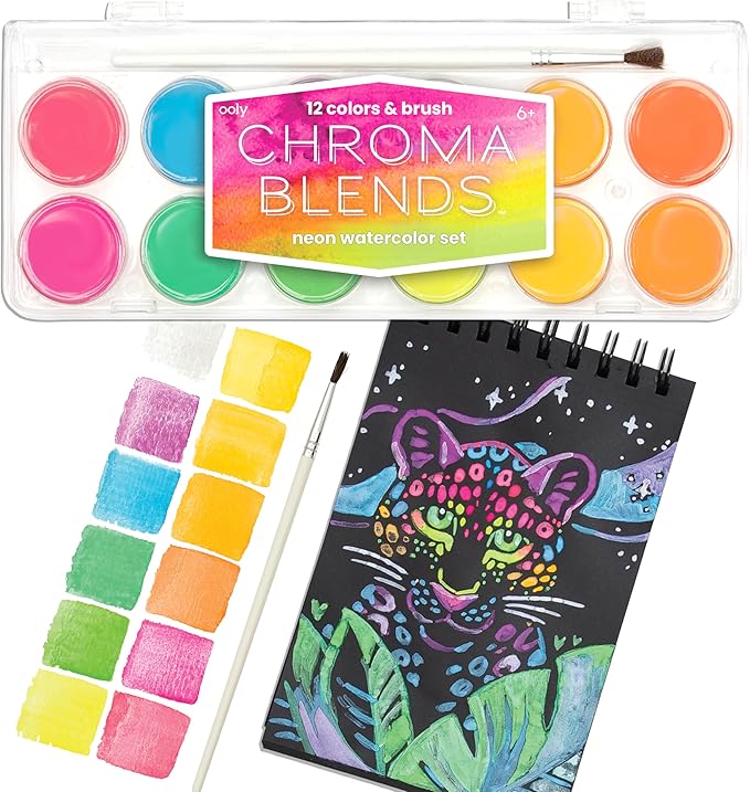 Ooly, Chroma Blends Neon Watercolor Paint Set, Watercolor Pack for Creative Kids and Adults, Bright Neon Colors in a Portable Case, Art Supplies for Ages 6 and Up, Brush Included