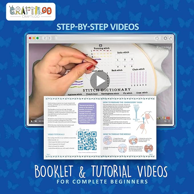 CRAFTILOO Embroidery Kits for Adults Hand Embroidery kit for Beginners with Stamped Embroidery Patterns Starter Embroidery Kit. Needlepoint kit Cross Stitch kit for Teens& Adults Butterflies