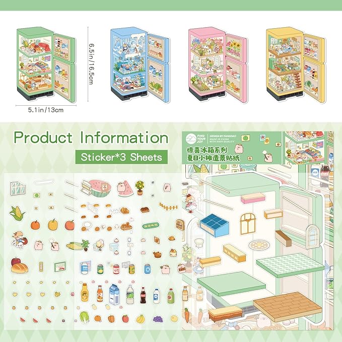 4 Sets DIY 3D House Scene Stickers, Fridge-Themed, Scene Miniature Stickers, Cute Cartoon Scenes for Women Girls Teen Kids, Make Your Own Sticker, Fun Room Sticker Book Relief Stress Pass The Time