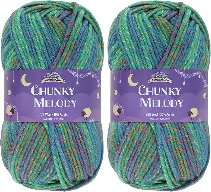 JubileeYarn Chunky Melody Yarn - 100g/Skein Bulky Wool Blend - Peacock - 2 Skeins