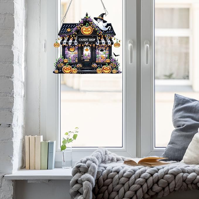 DIYDeligths DIY Hanging Halloween Pendant Ornament Diamond Art Painting for Adults Beginners with Accessories Single Sided Dot-Drill Pendant for Home Wall Window Garden Decor (Candy Store)