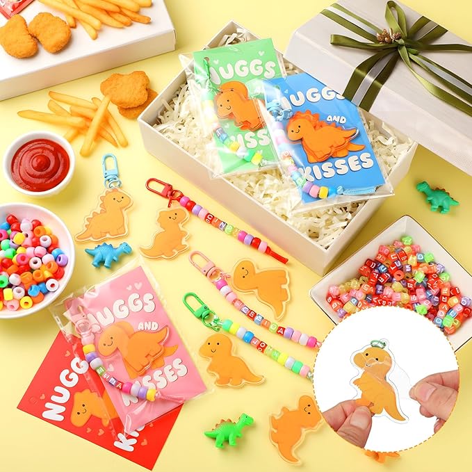 Suncalla 984 Pcs 24 Set Dinosaur Nugget Keychain Making Kit DIY Valentine's Key Chain Crafts Bead Adjustable Letter Beads Cards Strings Kit Gift Backpack Accessories Party Favors(Cute Color)