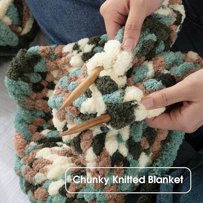 HOMBYS Chunky Tie Dye Mix Chenille Yarn for Hand Knitting, Super Bulky Jumbo Yarn for Crocheting, 3/4" Thick Soft Plush Yarn for Blankets, 8 Skein Pack (26 yds / 7.5 oz Each) Green,White Multi