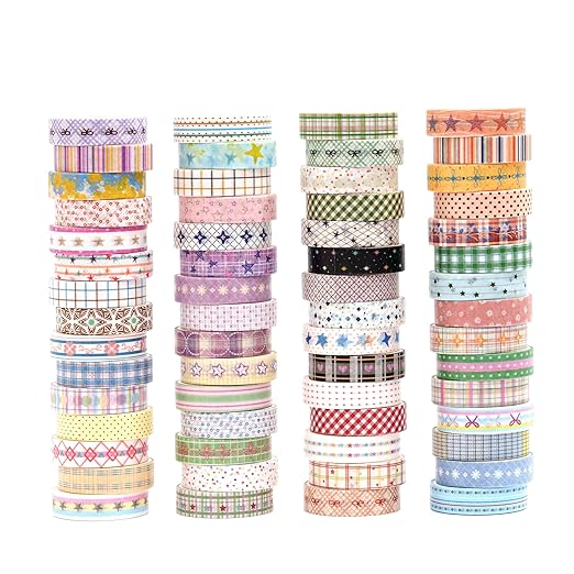 60 Rolls Cute Washi Tape Pack Basic Mini Adhesive Tapes Stars, Plaids, Florals, Grids & Dots Patterns Decorative Masking Tape Sets for Craft, Kids, Scrapbook, DIY, Gift Wrapping (Basic)