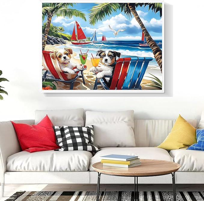 EIBEILI Adult Diamond Painting Set - Beach Puppy Diamond Painting Set, 5D Diamond Painting, DIY Full Diamond Painting Gemstone Craft 11.8x15.7 inches