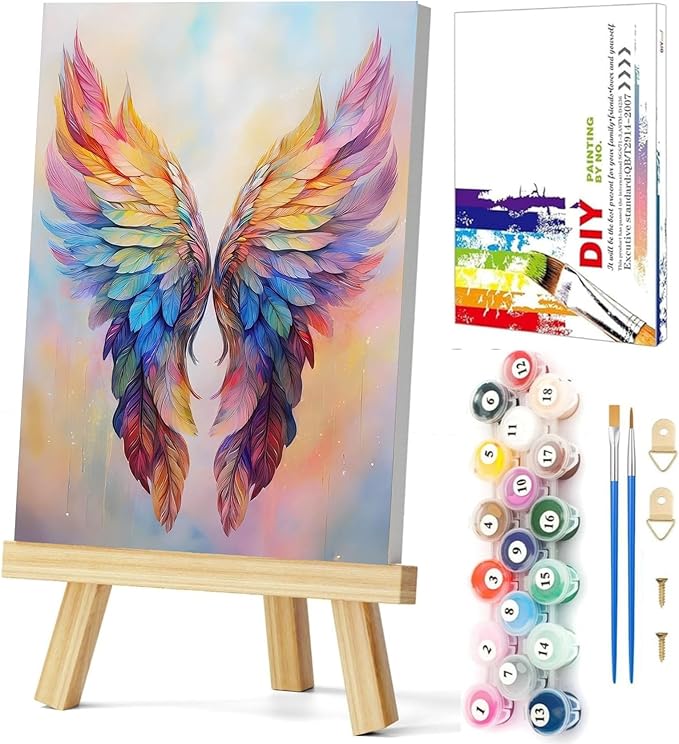 Gemozaic Framed Paint by Numbers Kit for Adults, Angel Wing Adults Paint by Number Kits on Canvas with Wooden Easel for Home, Office, Wall Decor, 8 x 12 Inch