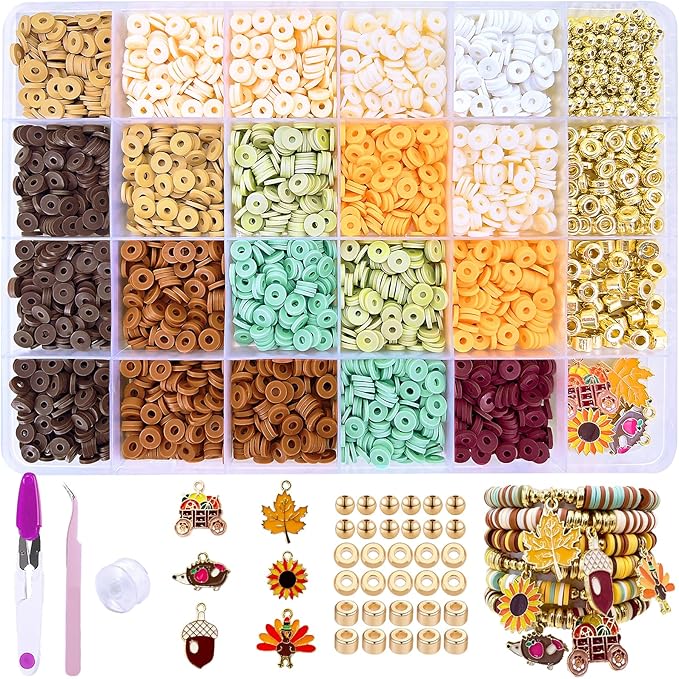 MIIIM Fall Clay Beads Kit for Bracelets Making, Heishi Beads for Friendship Bracelet, Thanksgiving Clay Charms and Gold Spacers for Jewelry Making, Crafts, Concert, Raves, Gifts
