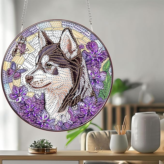 Bimkole Dog Diamond Art Hanging Kit for Adult, DIY 5D Diamond Art Animal Window Pendant, Acrylic Crystal Art Hanging Ornament Home Wall Garden Front Door Sign Outdoor Decor 7.8x7.8 Inch