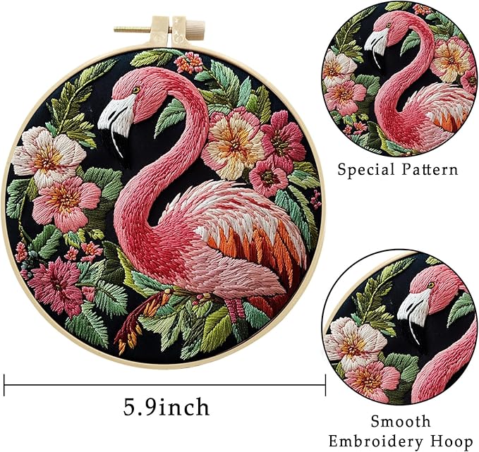 LB 4 Pack Pink Flamingo Embroidery Kit for Beginners Green Leaf Plant Beginner Embroidery Kit for Adults DIY Starter Kit with Embroidery Hoop Colorful Threads Tools Step by Step Instructions