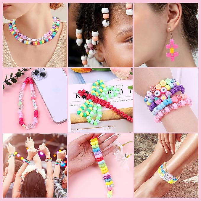 Pubiseed 3000pcs 72 Colors Pony Beads for Bracelet Making Kit, 2000pcs Kandi Bead and 700pcs A-Z Square Letter for Friendship Bracelet Kit, 200 pcs Plastic Bead for Adults Jewelry Making Crafts