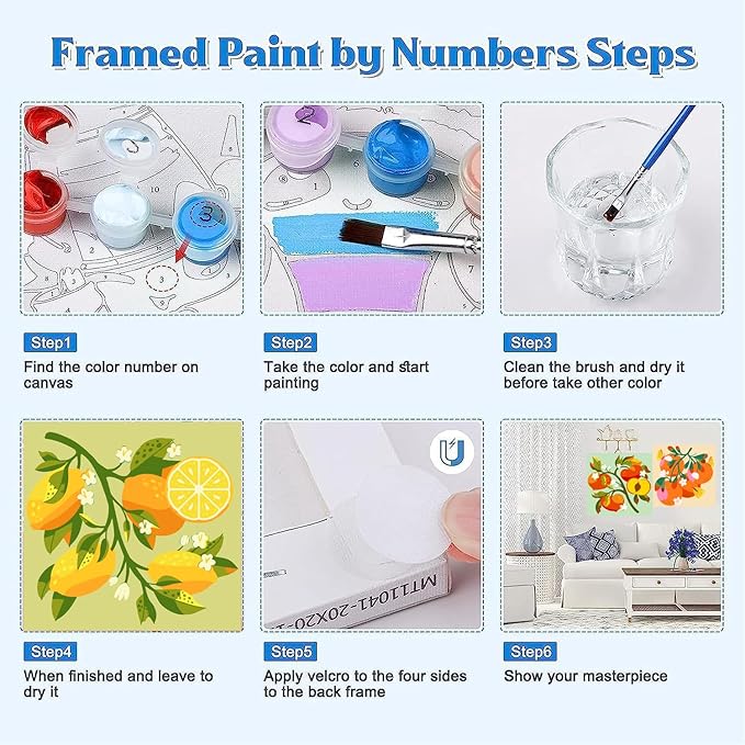 Canrichshop 4 Pack Framed DIY Paint by Numbers Kit for Adults Beginner,Fruit Oil Painting Easy Paint by Number with Canvas,Acrylic Paint Kit Arts and Crafts for Adults for Decor 8x8inch