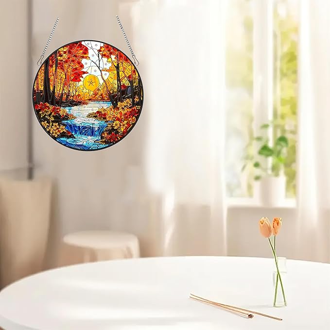 hyzsj DIY Hanging Diamond Art Pendant Painting Kit Landscape River Forest, Special Crystal Gem Craft Painting Kit Ornament 9.4x9.4inch