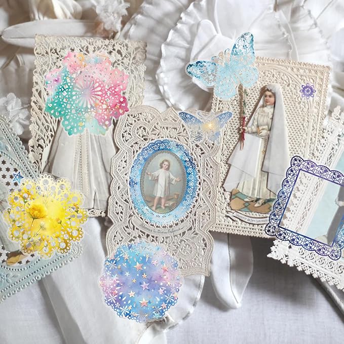 130 Pcs Pastel Fade-Resistant Lace Scrapbook Stickers - Vintage Colorful Butterfly Feather Embellishments, Waterproof Reusable DIY Decor for Journal Wedding Photo Album Craft Gift Seasonal Projects