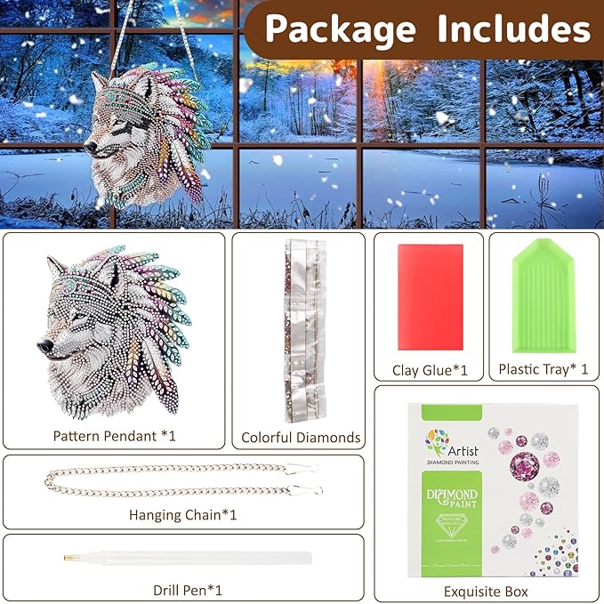 Genius maker Wolf Diamond Art Hanging Kits for Adults, Animal Diamond Painting Pendant Kits, DIY Acrylic 5D Special Shaped Crystal Diamonds Gem Art Painting Ornament for Home Wall Decor Gift 8x8 Inch
