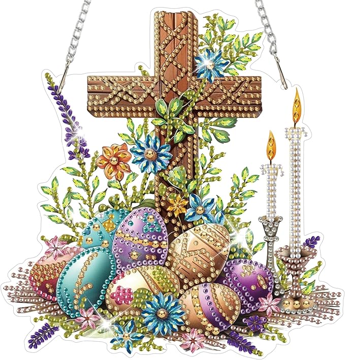 HEIBAGO Easter Eggs Diamond Art Hanging Kits for Adults, Diamond Art Suncatchers Cross, 5D Special Shape Diamond Painting Pendant, DIY Window Ornament Gifts for Home Garden Door Wall Decor 8.3 x 8.3In