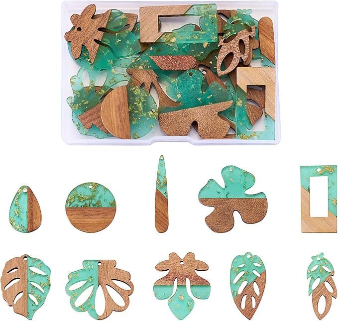 Beadthoven 20pcs/10 Pairs Boho Green Leaf Resin Wood Charms DIY Bohemian Earrings Transparent Tree Leaf Resin Wood Pendants Natural Wooden Pieces Tag Pendants for Jewelry Making Necklace Keychain