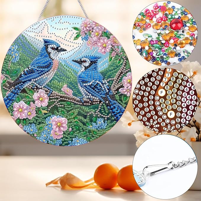 Bimkole Bird Diamond Art Hanging Kit for Adult, DIY 5D Diamond Art Flower Window Pendant, Acrylic Crystal Art Hanging Ornament Home Wall Garden Front Door Sign Outdoor Decor 7.8x7.8 Inch