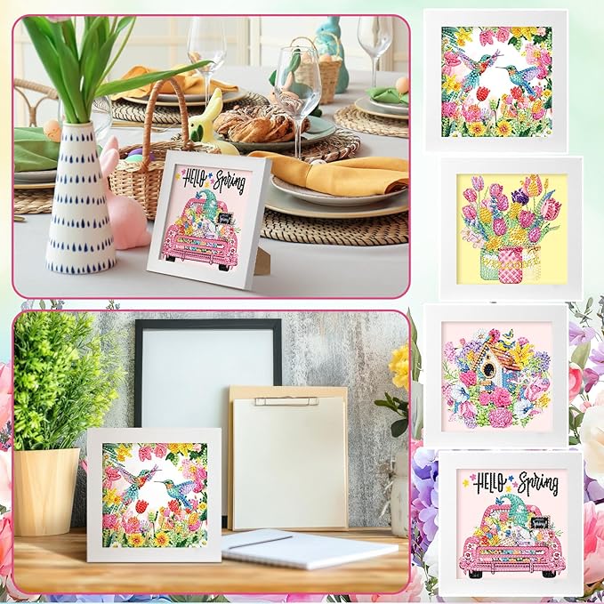 Geyoga 4 Pcs Spring Diamond Painting Kits with Frame Spring Tulip Flower Gnome Diamond Art Kits for Adults Beginner Kids DIY Arts and Crafts Crystal Rhinestone Gem Art Table Decor Gift 7 x 7 Inch