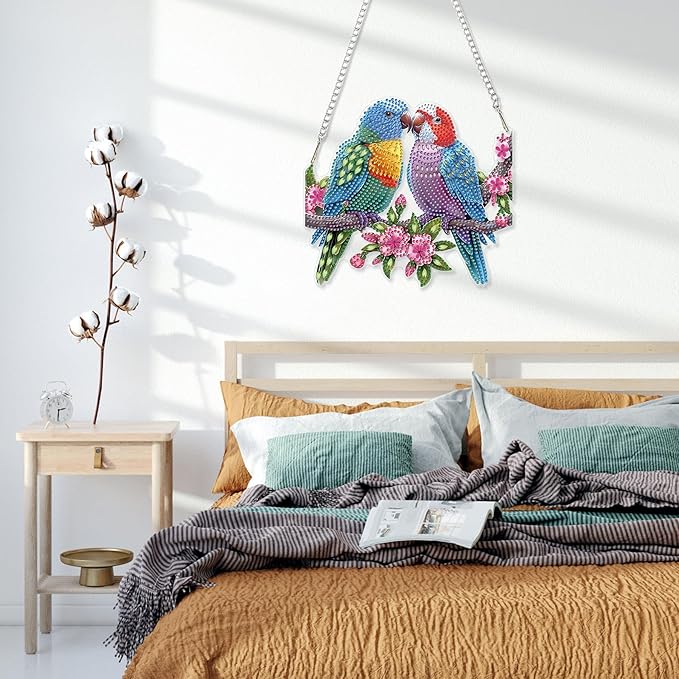 HEIBAGO Bird Diamond Art Hanging Kits for Adults, Two Birds Diamond Art Suncatchers, 5D Special Shape Diamond Painting Pendant,DIY Window Ornament Gifts for Home Garden Door Wall Decor 8.3x8.3 in