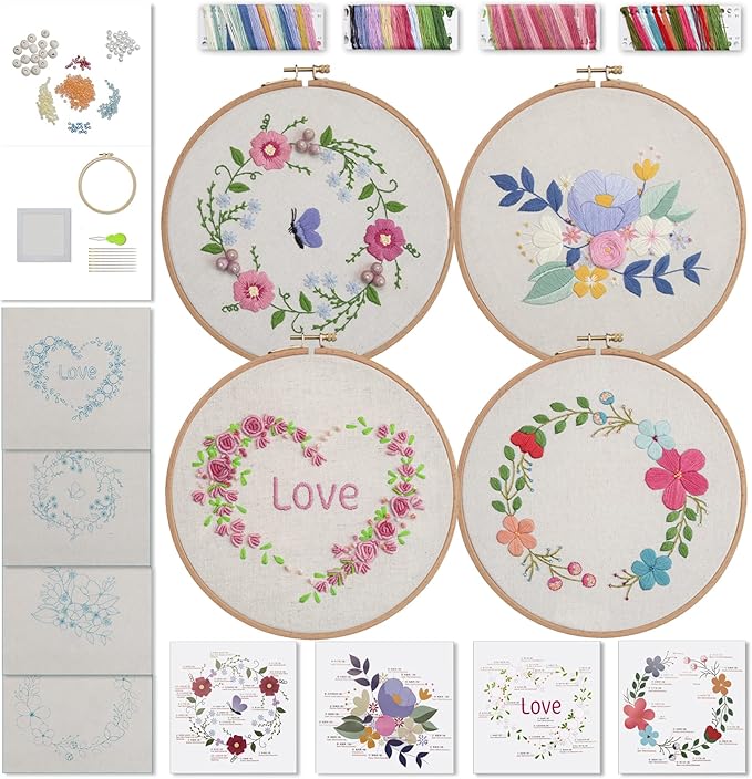 ebherys level-2: 4sets a pack, hand embroidery kit for adults, not cross stitch,lovely flowers, green plants and bird patterns, needlework diy kits, hoops, needle threader and frame(garland)