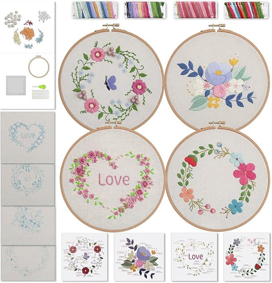ebherys level-2: 4sets a pack, hand embroidery kit for adults, not cross stitch,lovely flowers, green plants and bird patterns, needlework diy kits, hoops, needle threader and frame(garland)