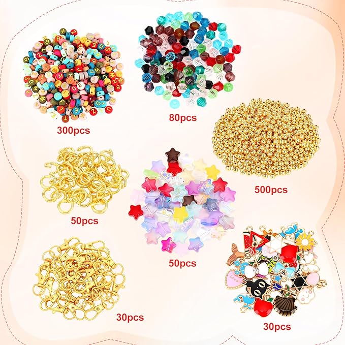 Solsew 1048 Pcs Beaded Keychain Making Kit DIY Key Chain Making Bag Charm Beads Craft Adjustable Letters Beads Strings Alphabet Key Ring Women Gift for Jewelry Backpack Accessories