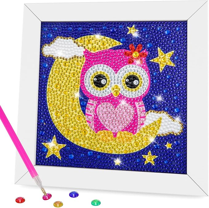QEUOYSS Diamond Art Kit for Kids with Wooden Frame Art and Crafts for Kids Ages 6-8 -10-12 Easy to DIY Diamond Art for Kid and Adult Beginners Home Wall Decoration (Female owl)