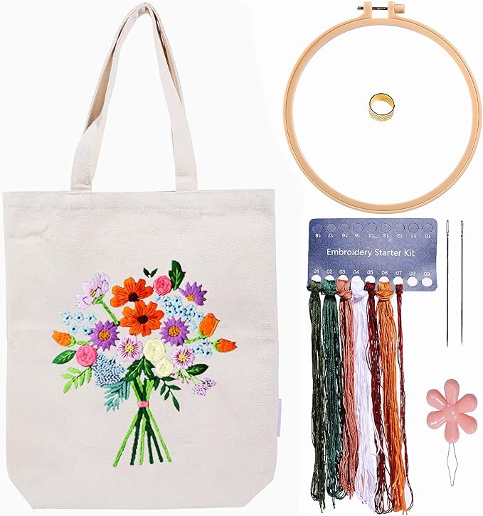 CREAWONDER Canvas Tote Bag Embroidery Kit with Pattern for Beginners, Arts and DIY Embroidery Crafts Kits for Adults, Include Instructions, Thimble, Embroidery Hoops, Color Threads and Tool
