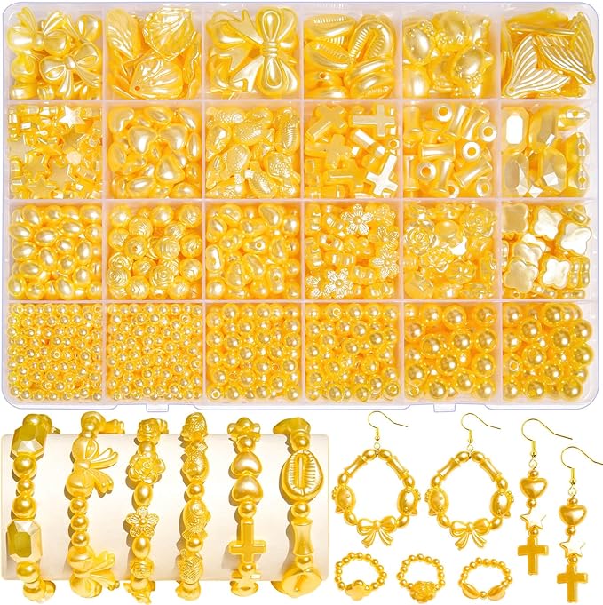 1170 Pcs ABS Imitation Pearl Beads for Jewelry Making, Assorted Heart Star Bowknot Circle Flower Aesthetic Cute Bead for Bracelet Necklaces Earrings Key Chains DIY Phone Charm Crafts (Yellow)