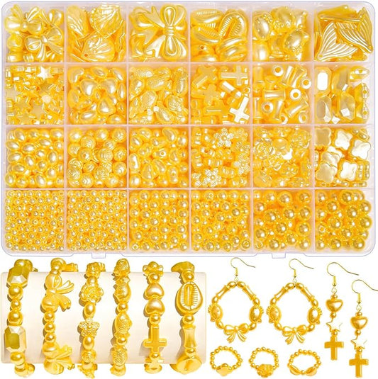 1170 Pcs ABS Imitation Pearl Beads for Jewelry Making, Assorted Heart Star Bowknot Circle Flower Aesthetic Cute Bead for Bracelet Necklaces Earrings Key Chains DIY Phone Charm Crafts (Yellow)