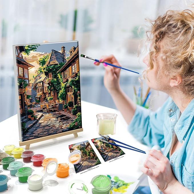 ATDMS Paint by Numbers Kit for Adults with Frame City Street Scene Paint by Number with Easel City View Adult Paint by Number Kits on Canvas Framed Paint by Numbers for Home Wall Decor 8x12 Inch