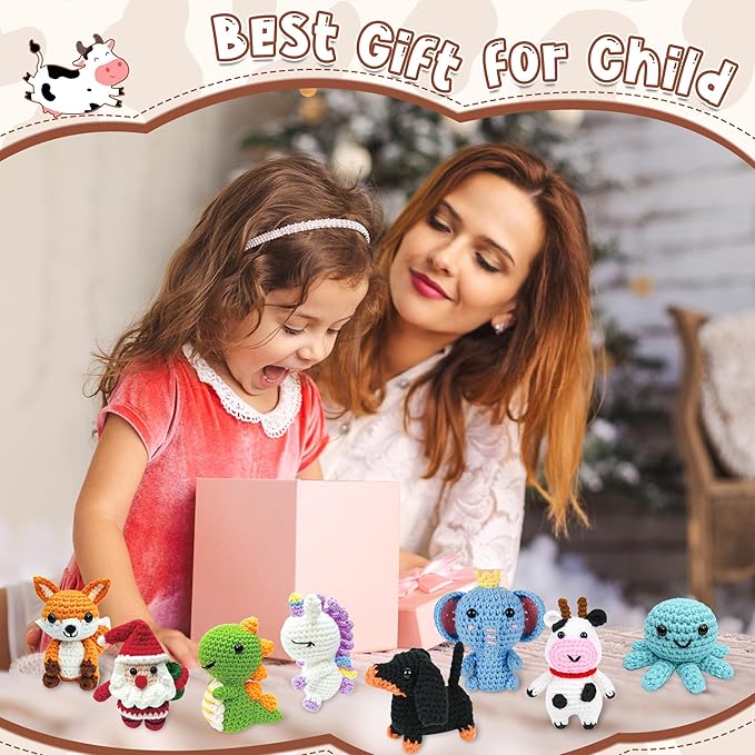 8Pcs Crochet Kit for Beginners, 2026 Great Christmas Gift for Crochet Lovers, DIY Craft for Adults and Kids, Crocheting Animal Kits with Step by Step Videos, Yarn, Crochet Hook, Birthday Holiday Gift