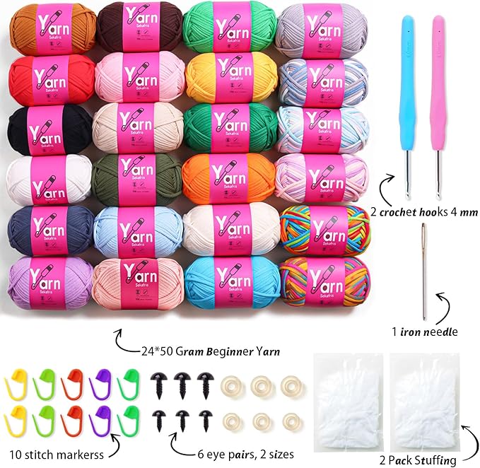 24 Pack Crochet Yarn - Beginner Cotton Chunky Yarn - Black, White, Orange, Red, Green, Rainbow, Pink, Yellow - Easy-to-See Stitches for Crocheting (24 * 50g)