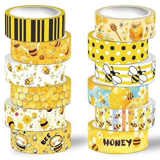Bee Washi Tape Set,12 Rolls Honey Daisy Decorative Tape Yellow Black Bumblebee honeycombs Masking Tape for Journaling Supplies, Junk Journal, Scrapbooking, DIY Arts & Crafts, Gift Wrapping