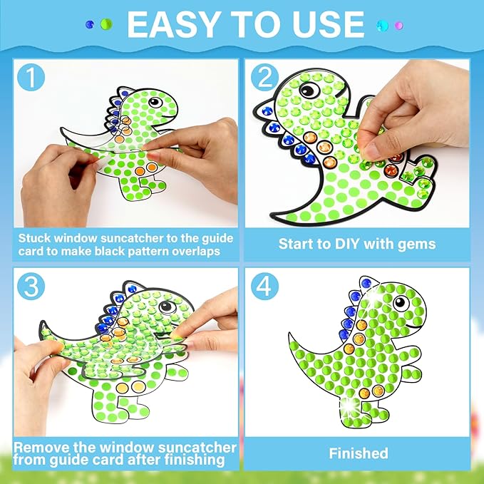 Qyeahkj 6 Pcs Dinosaur Arts Crafts DIY Dino Gem Diamond Suncatcher Crafts for Dinosaur Diamond Painting Gifts Exchange for Home Party Decor