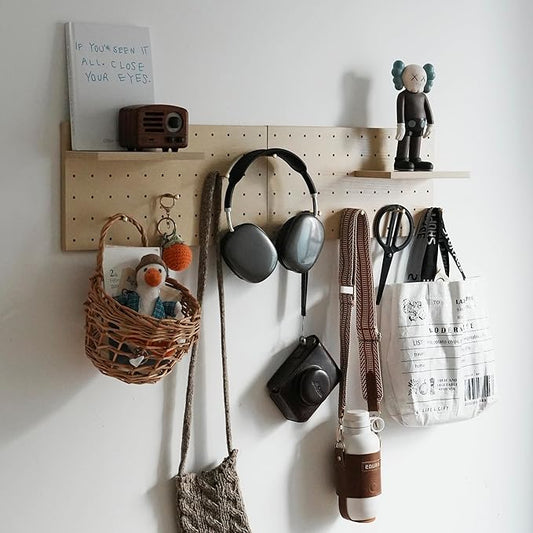 Wooden Pegboard Modular Display Organization Storage Wall Hooks Shelf (Birch Colored Finish-A)