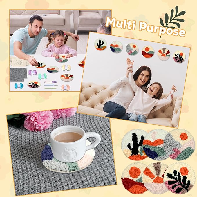 Punch Needle Coaster Kit for Beginners 6 Patterns Scenery Designs Embroidery Punch Needle Kit with Adhesive Felt Yarns Hoop Instruction Punching Decoration DIY Coaster Art Kits for Adults Beginner Kid