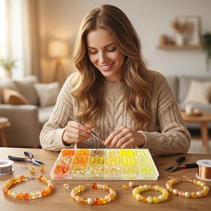 Hanyoung 8mm Glass Beads for Bracelet, Warm Yellow Wilt Series18 Colors 450 pcs Beads for Jewelry Making kit, Crystal Glass Round Beads for DIY Crafts Gifts (Yellow Color)