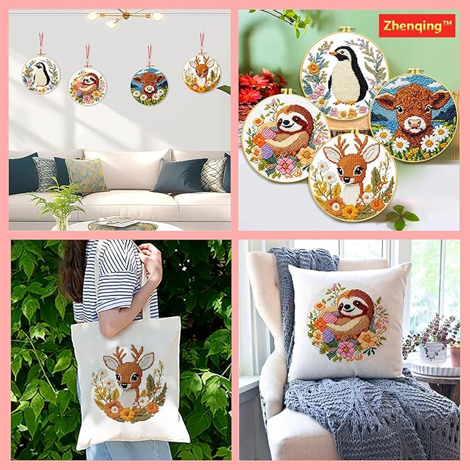 Zhenqing 4-Piece Animal Cross Stitch Kit for Beginners - Complete Set with Pre-Printed 11CT 24x24cm Fabric, Hoop & Tools (Penguin, Sloth, Cow, Deer Designs)(70405)