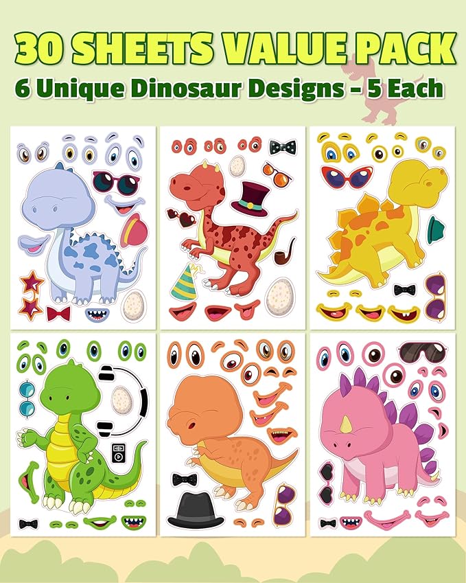 aowplc 30 sheets make a dinosaur stickers for kids fun mix 'n match craft for party favors & activities