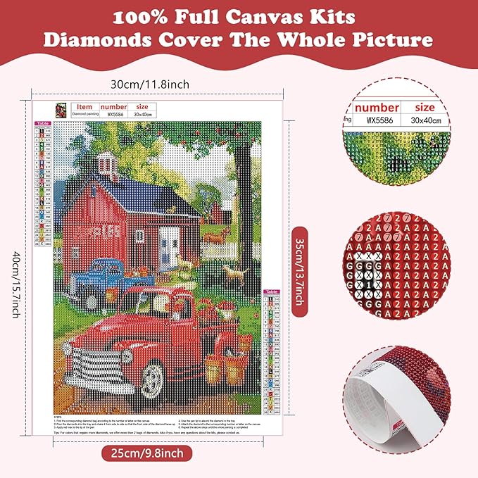 SENQAO Red Truck Diamond Painting Kits for Adults - Full Drill Diamond Dots Paintings for Beginners, Round 5D Paint with Diamonds Pictures Gem Art Painting Kits DIY Adult Crafts Kits 12x16inch