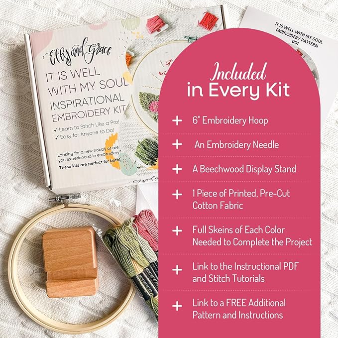 elly & grace christian embroidery kit with embroidery hoop, easy embroidery kit for beginners and adults, full embroidery hoop kit with needles and thread included (it is well)
