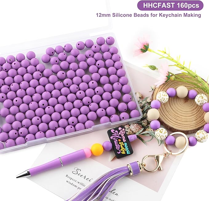 160Pcs 12mm Silicone Beads for Keychain Making Bracelet Necklace, Bulk Round Silicone Beads for Pens(Purple)