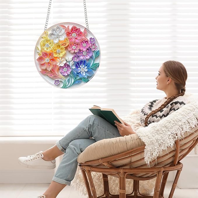 Bimkole Colorful Flowers Diamond Art Hanging Kit for Adult, DIY 5D Diamond Art Stamens Window Pendant, Acrylic Crystal Art Hanging Ornament Home Wall Garden Front Door Sign Outdoor Decor 7.8x7.8 Inch