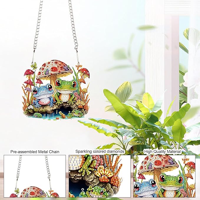 AiYuanzsh DIY 5D Mushroom Frogs Diamond Painting Kits Hanging Sign Wall Art Sign Diamond Art Window Hanging Ornament Window Pendants Home Garden Wall Door Hanging Diamond Painting Kits