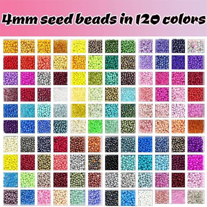 14400pcs Glass Seed Beads for Jewelry Making Kit, 120 Colors 4mm Small Beads Kit Bracelet Beads with Letter Evil Eye Beads Jump Rings & Charms Pendants for Bracelets Making, DIY, Adult Craft Supplies