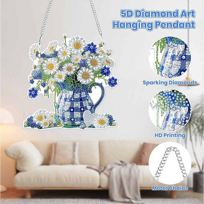 MOGTAA Flowers Diamond Art Hanging Pendant Kits, 5D Special Shape Diamond Art Kits for Adults, Crystal Rhinestones Landscape Diamond Painting Gem Art for Home Garden Wall Decor
