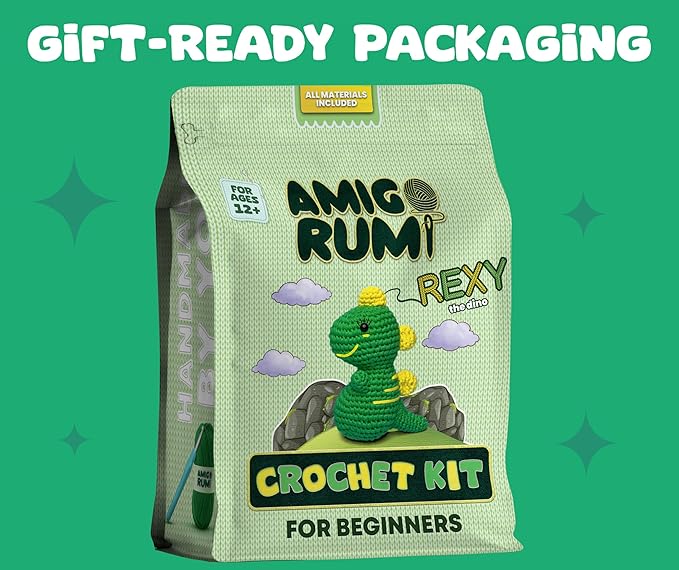 Amigo Rumi Cute Dinosaur Beginners Crochet Kit - Learn How to Crochet Starter Kit - 3+ Hour Video Tutorials & Crocheting Book - Easy to Stitch Yarn - Amigurumi Stuffed Animal for Kids 12+ & Adults