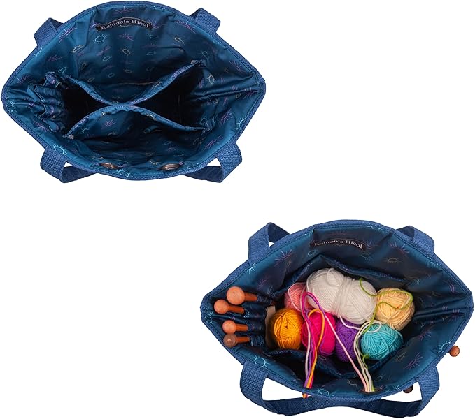 Linen Knitting Project Tote Bag,Portable Yarn Storage Bag for Crochet Accessories/Needles,Crochet Hooks Organizer,Knitting Bag for Crochet Lovers (Navy Blue)